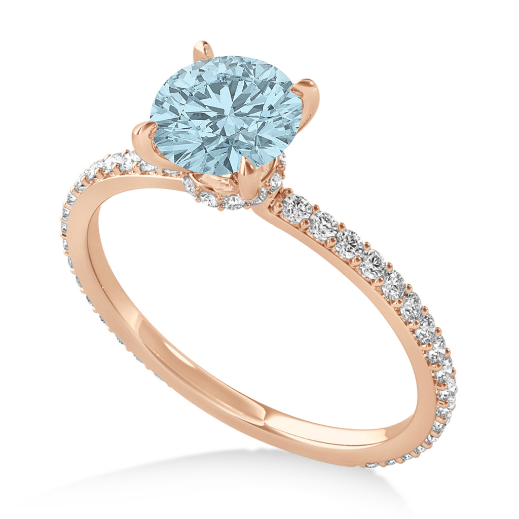 Round Aquamarine & Diamond Hidden Halo Engagement Ring 18k Rose Gold (1.68ct)