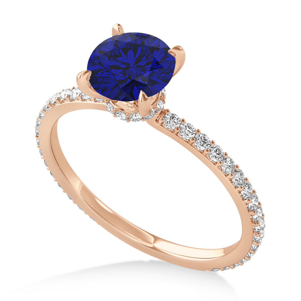 Round Blue Sapphire & Diamond Hidden Halo Engagement Ring 14k Rose Gold (1.68ct)