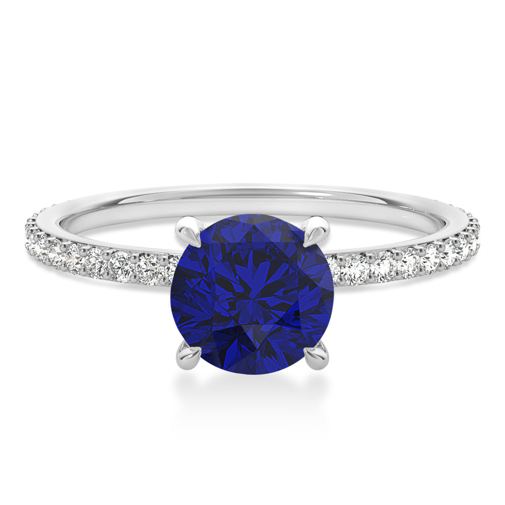 Round Blue Sapphire & Diamond Hidden Halo Engagement Ring 14k White Gold (1.68ct)