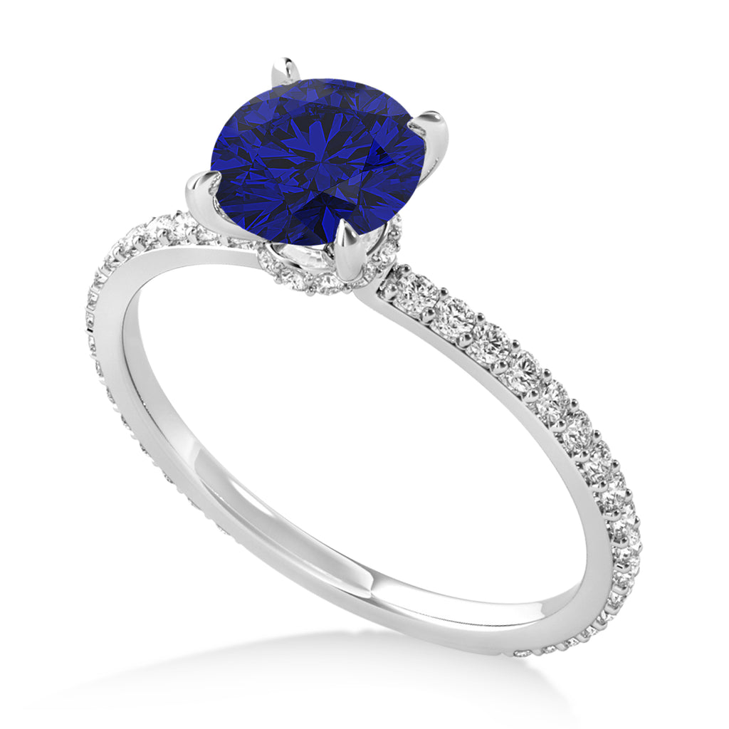 Round Blue Sapphire & Diamond Hidden Halo Engagement Ring 14k White Gold (1.68ct)