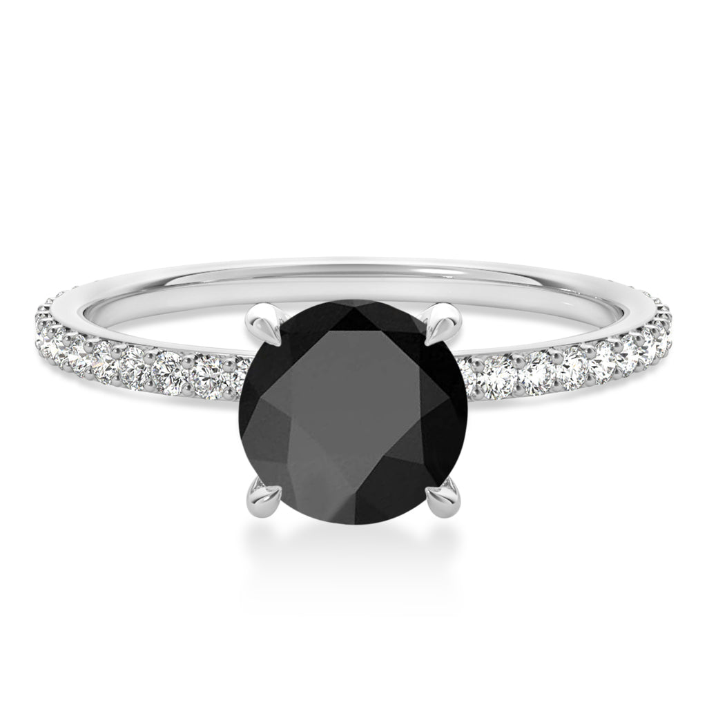 Round Onyx & Diamond Hidden Halo Engagement Ring 18k White Gold (1.68ct)