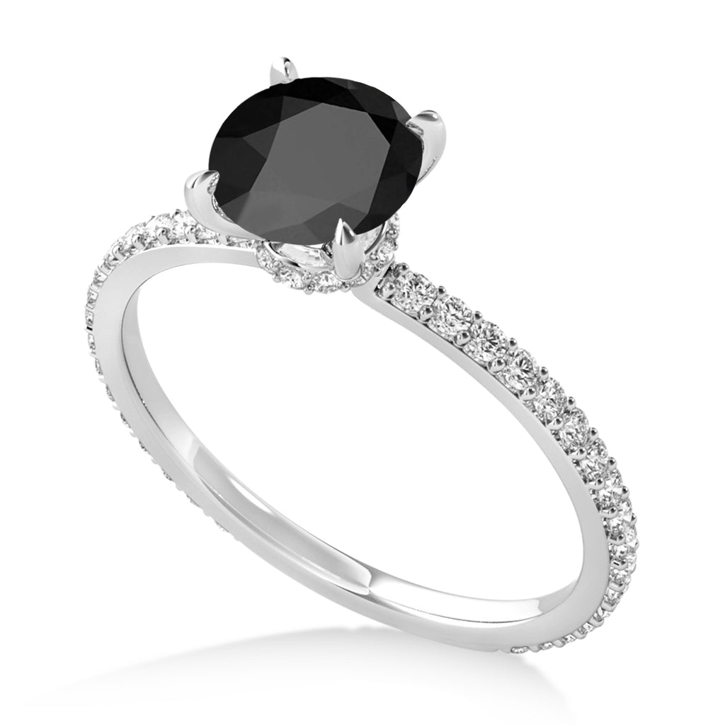Round Onyx & Diamond Hidden Halo Engagement Ring 18k White Gold (1.68ct)