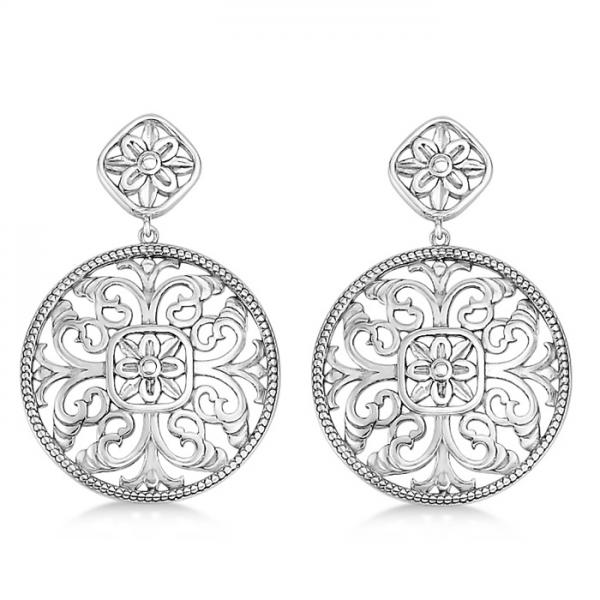 Filigree Design Drop Earrings in Plain Metal 14k White Gold