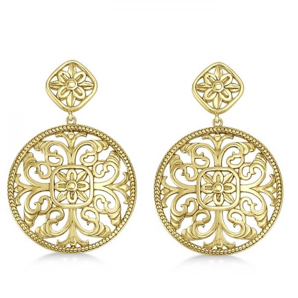 Filigree Design Drop Earrings in Plain Metal 14k Yellow Gold