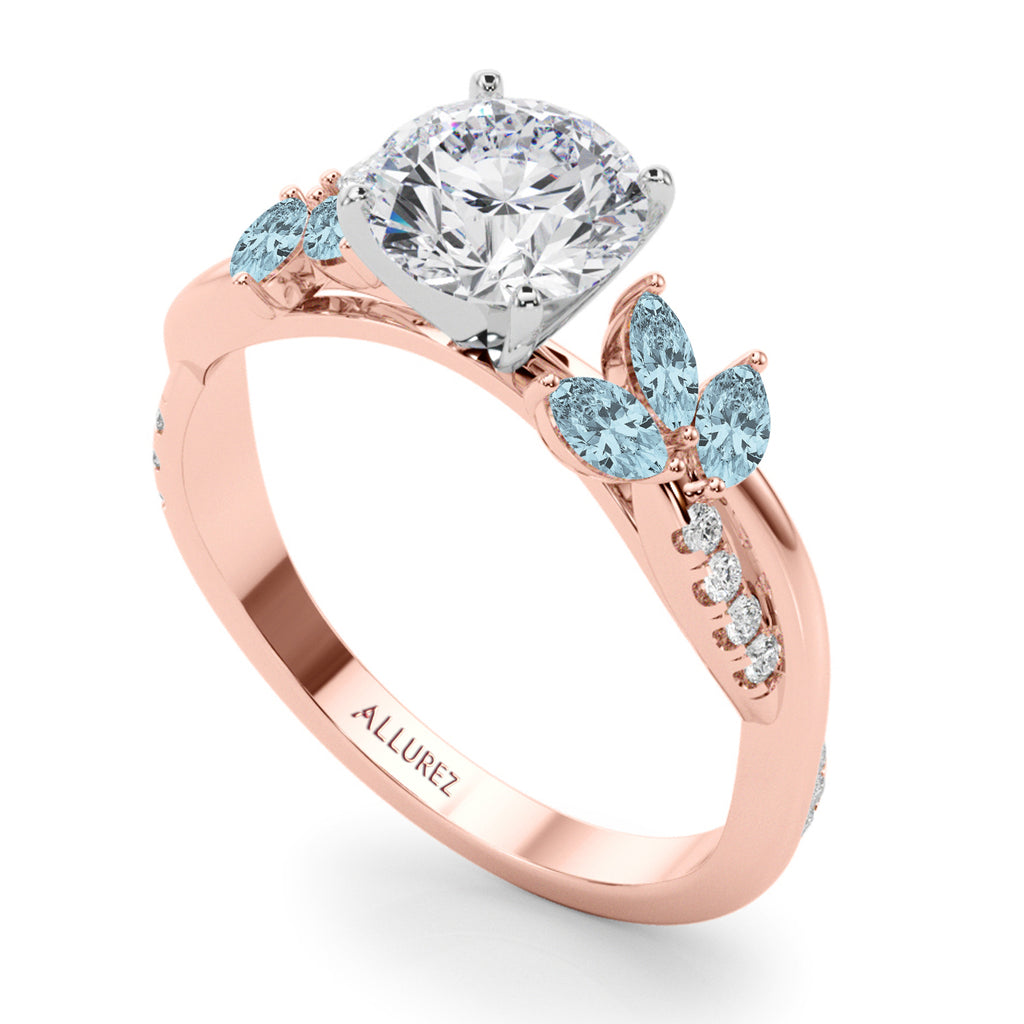 Diamond & Aquamarine Marquise Leaf Engagement Ring 14K Rose Gold (0.38ct)