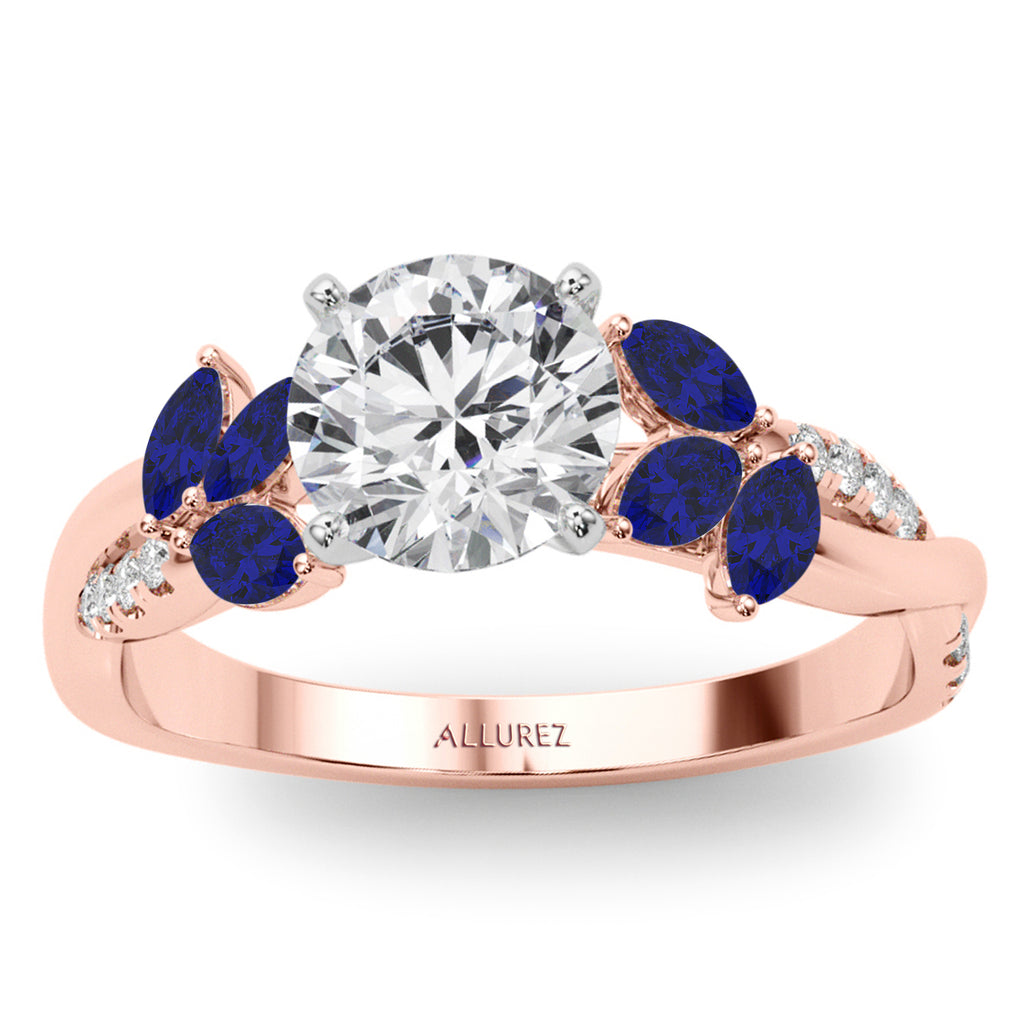 Lab Diamond & Lab Blue Sapphire Marquise Leaf Engagement Ring 14K Rose Gold (0.38ct)