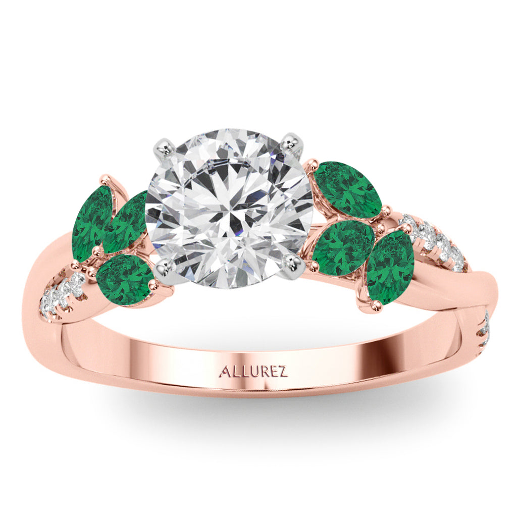 Diamond & Emerald Marquise Leaf Engagement Ring 14K Rose Gold (0.38ct)