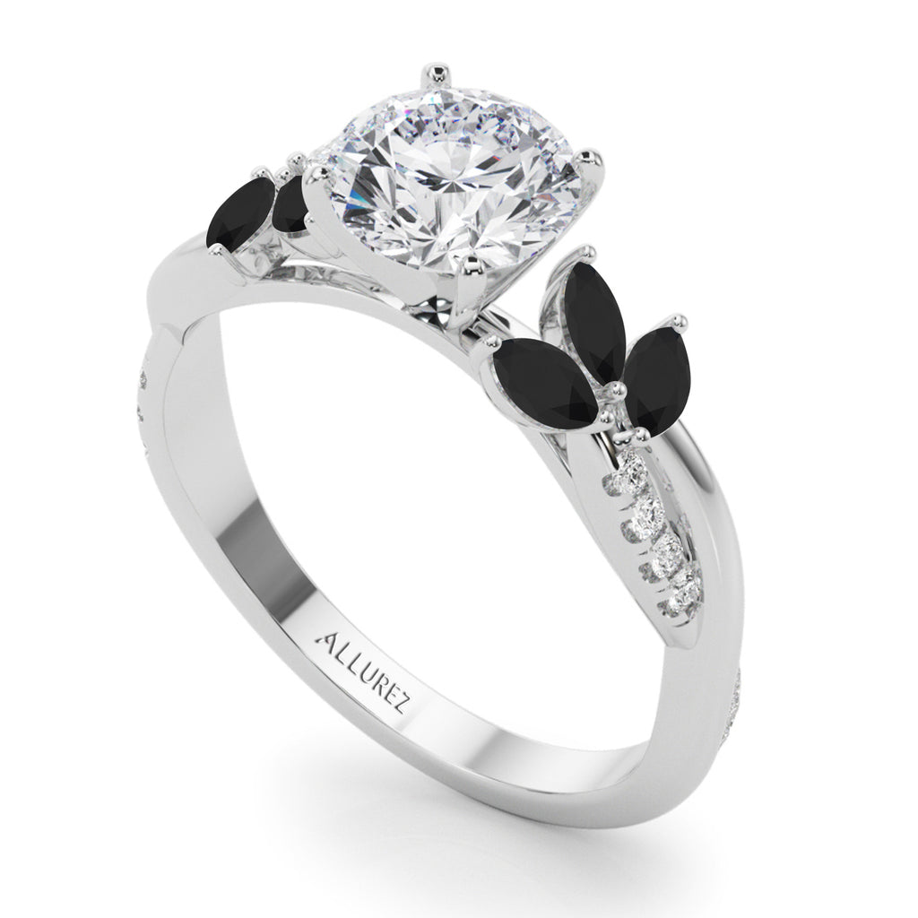 Diamond & Black Diamond Marquise Leaf Engagement Ring 14K White Gold (0.38ct)