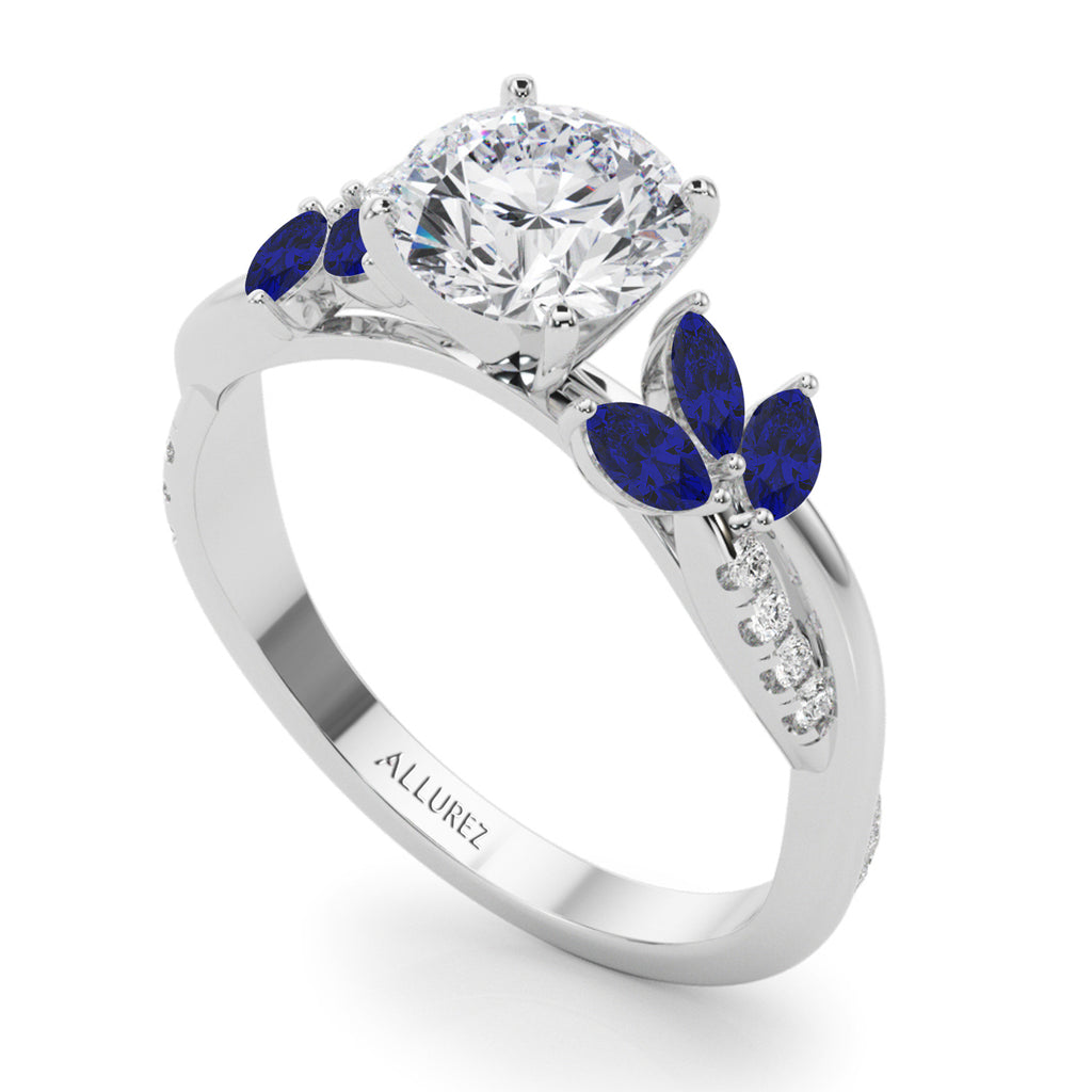 Lab Diamond & Lab Blue Sapphire Marquise Leaf Engagement Ring 14K White Gold (0.38ct)