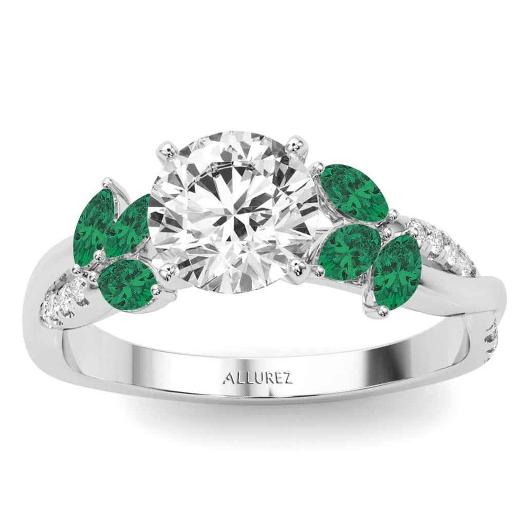 Diamond & Emerald Marquise Leaf Engagement Ring 14K White Gold (0.38ct)
