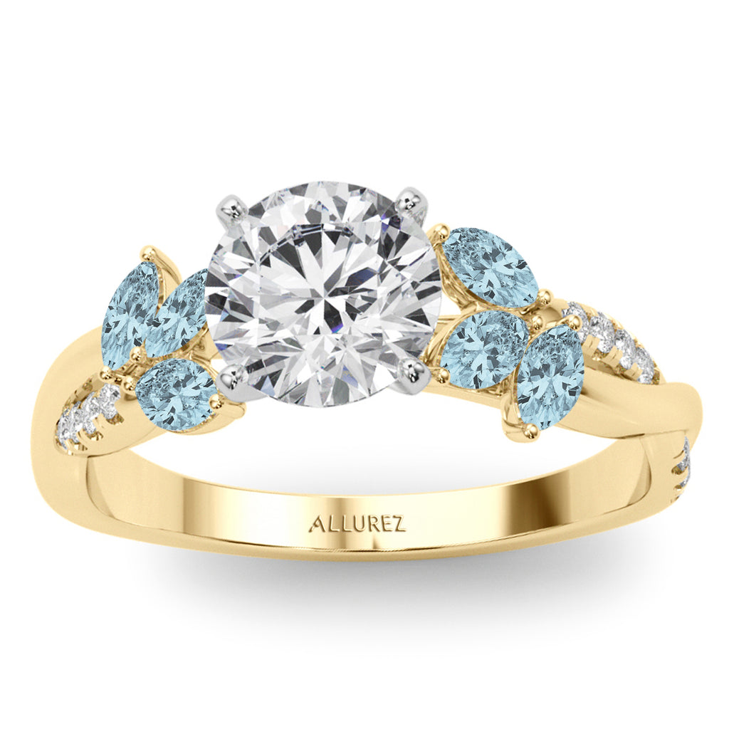 Lab Diamond & Lab Aquamarine Marquise Leaf Engagement Ring 14K Yellow Gold (0.38ct)