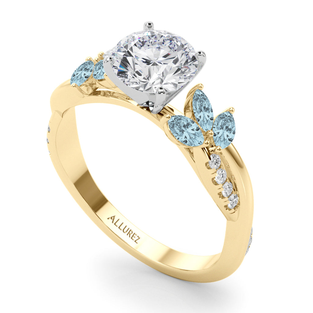Lab Diamond & Lab Aquamarine Marquise Leaf Engagement Ring 14K Yellow Gold (0.38ct)