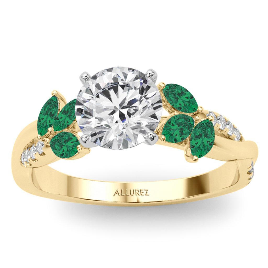 Diamond & Emerald Marquise Leaf Engagement Ring 14K Yellow Gold (0.38ct)