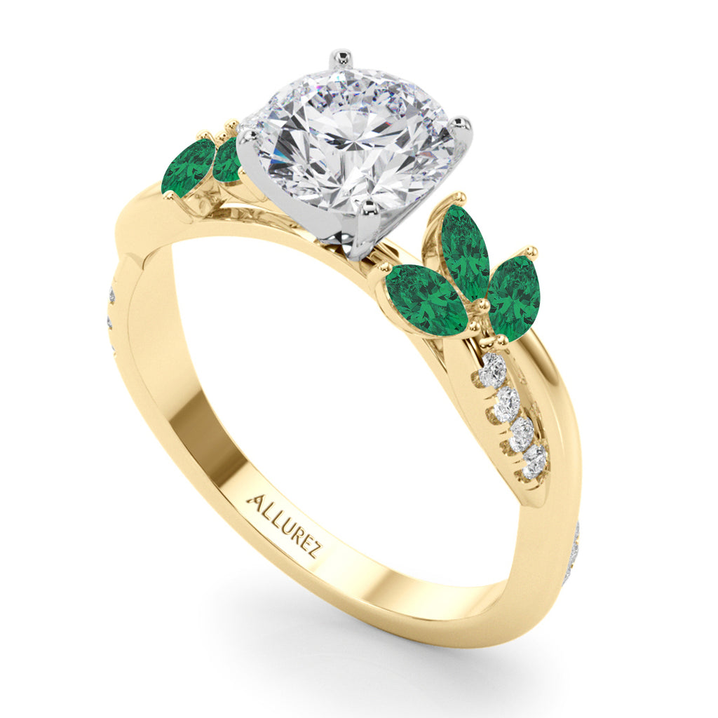 Diamond & Emerald Marquise Leaf Engagement Ring 14K Yellow Gold (0.38ct)