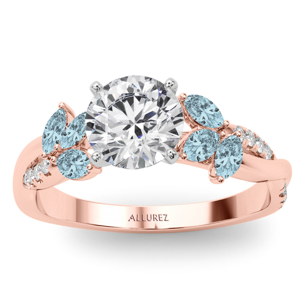 Diamond & Aquamarine Marquise Leaf Engagement Ring 18K Rose Gold (0.38ct)