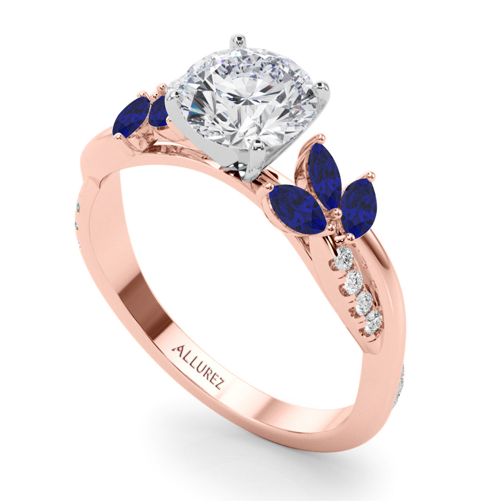 Diamond & Blue Sapphire Marquise Leaf Engagement Ring 18K Rose Gold (0.38ct)