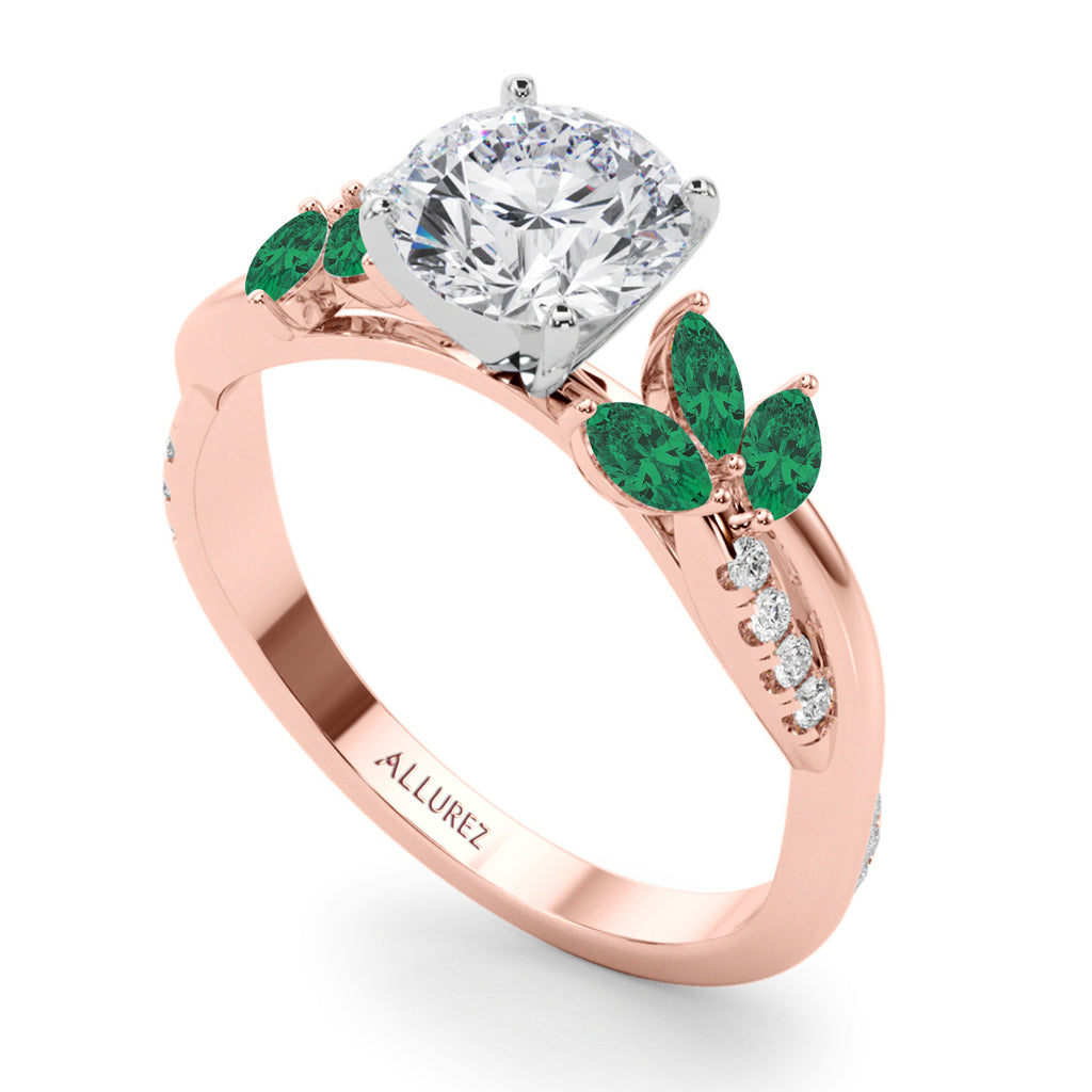 Lab Diamond & Lab Emerald Marquise Leaf Engagement Ring 18K Rose Gold (0.38ct)