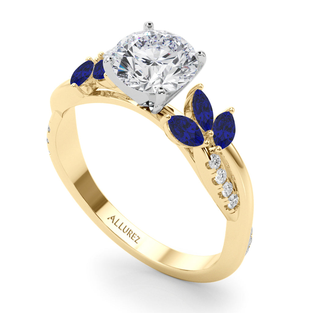 Diamond & Blue Sapphire Marquise Leaf Engagement Ring 18K Yellow Gold (0.38ct)