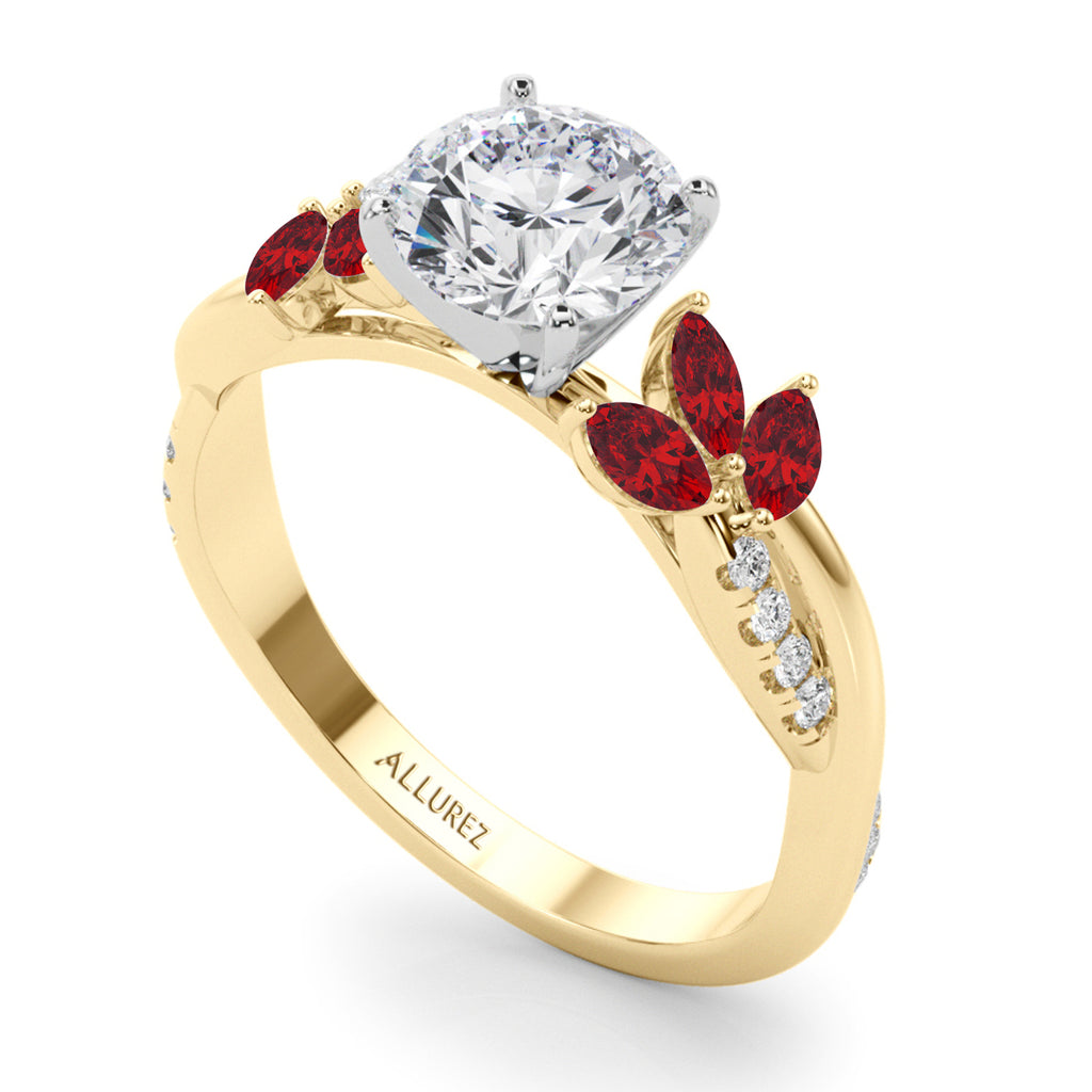 Diamond & Ruby Marquise Leaf Engagement Ring 18K Yellow Gold (0.38ct)