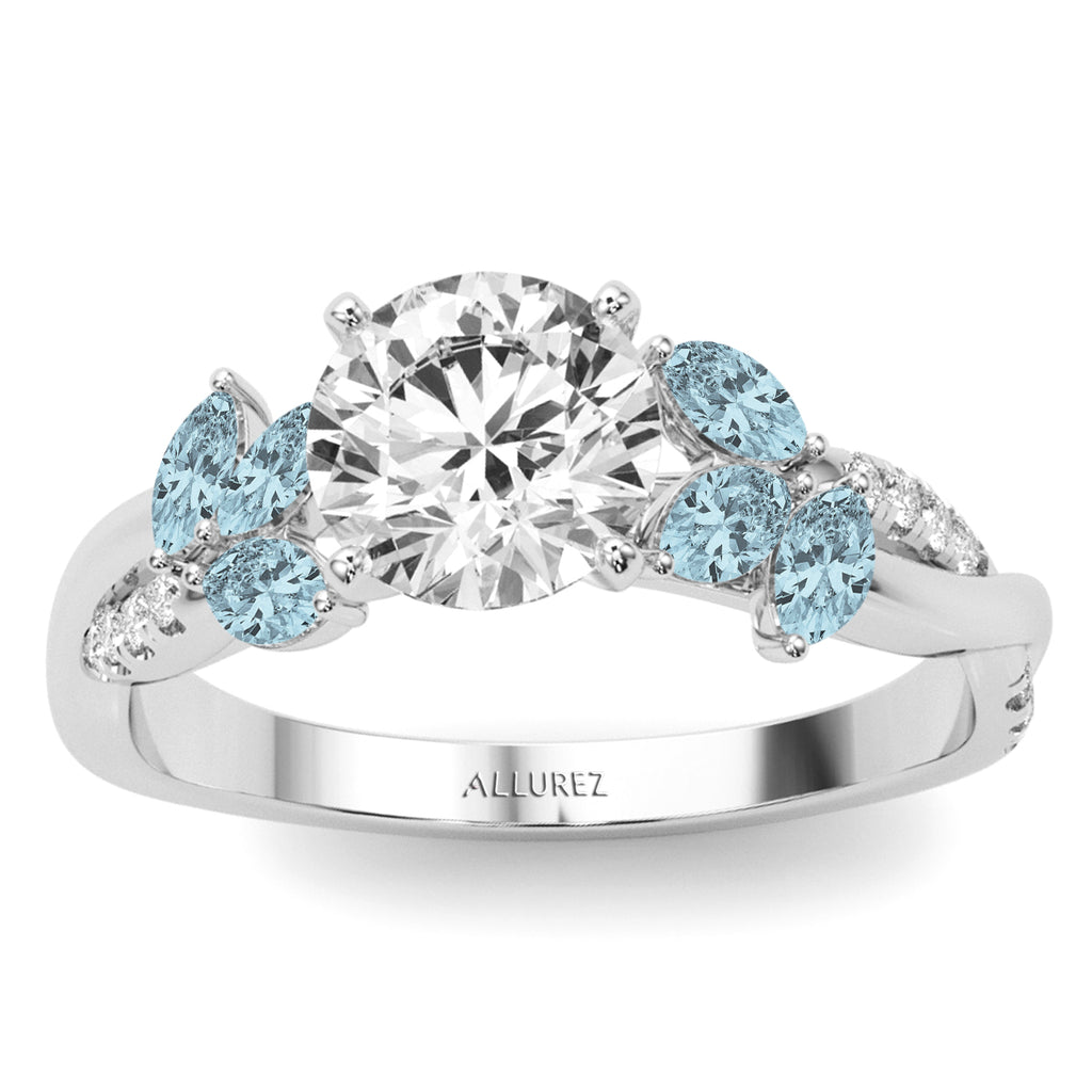 Diamond & Aquamarine Marquise Leaf Engagement Ring in Palladium (0.38ct)