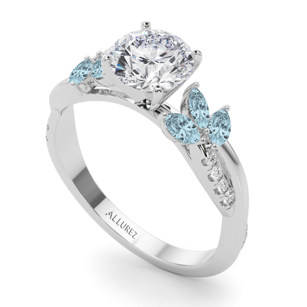 Diamond & Aquamarine Marquise Leaf Engagement Ring in Palladium (0.38ct)