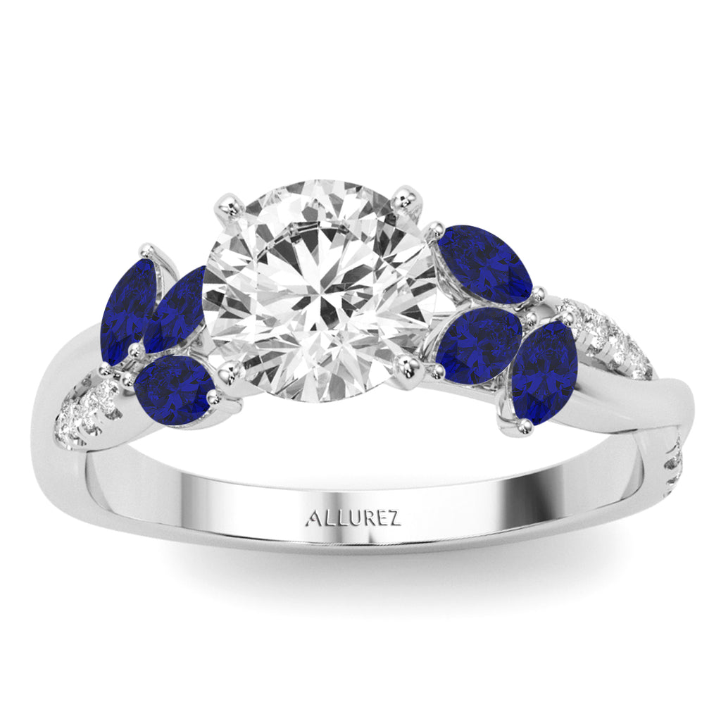 Diamond & Blue Sapphire Marquise Leaf Engagement Ring in Palladium (0.38ct)