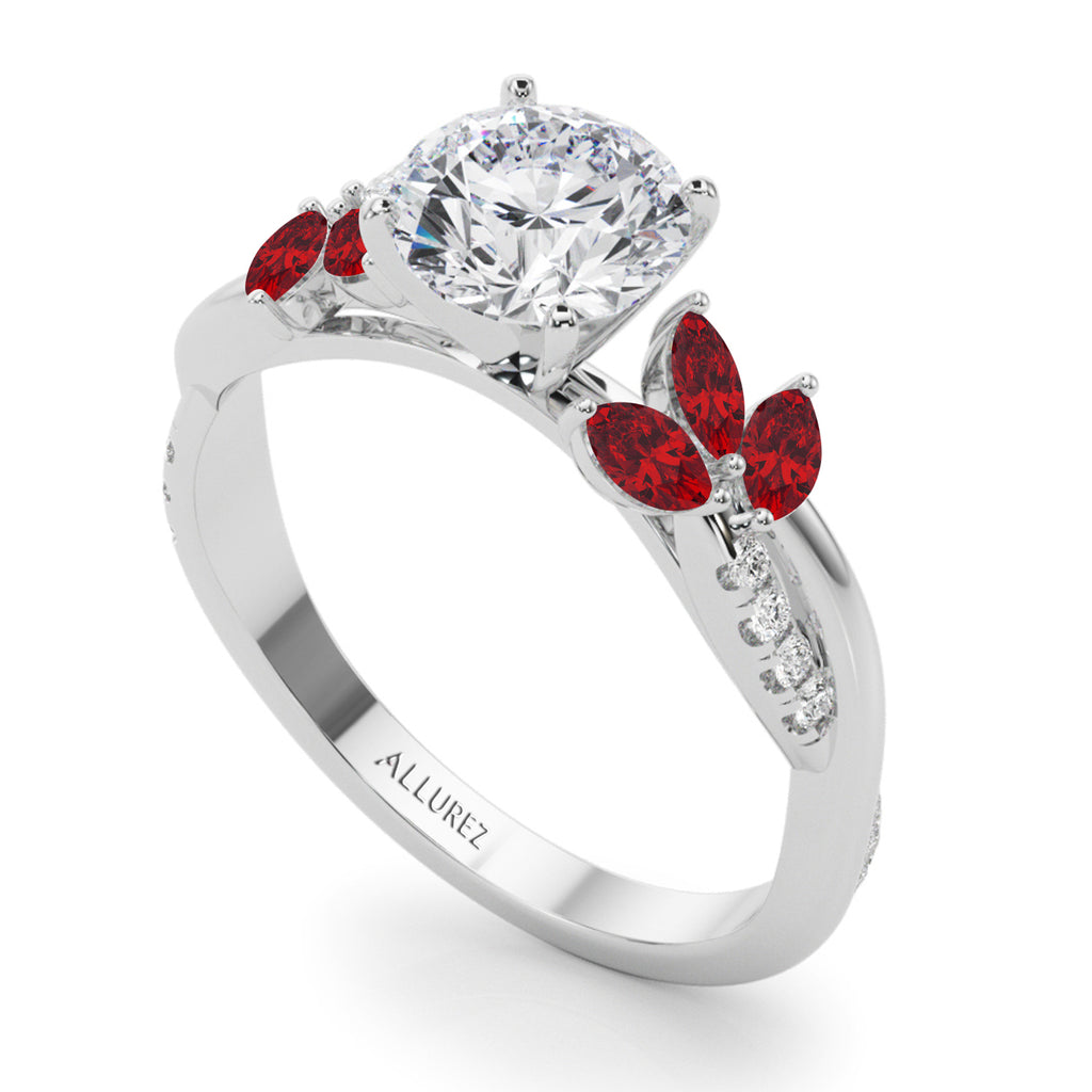 Diamond & Ruby Marquise Leaf Engagement Ring in Palladium (0.38ct)