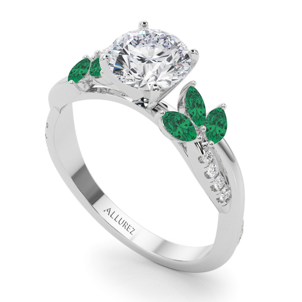 Lab Diamond & Lab Emerald Marquise Leaf Engagement Ring in Platinum (0.38ct)