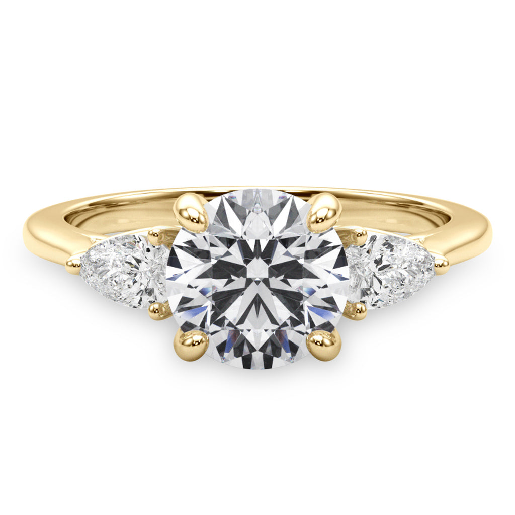 Round Moissanite Pear Lab Diamond Engagement Ring 18K Yellow Gold (2.60ct)
