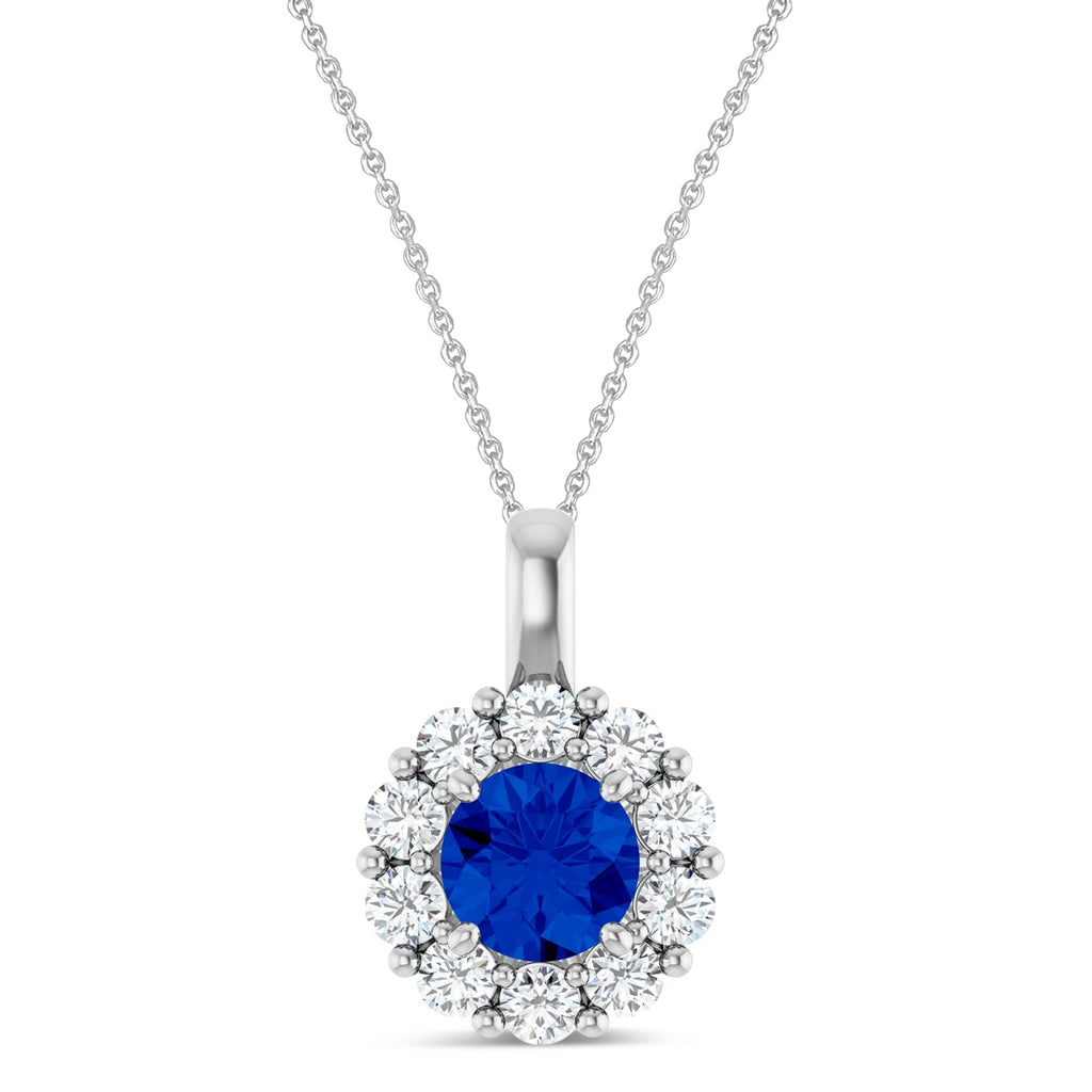 Round Blue Sapphire & Diamond Halo Pendant 14K White Gold (1.49ct)