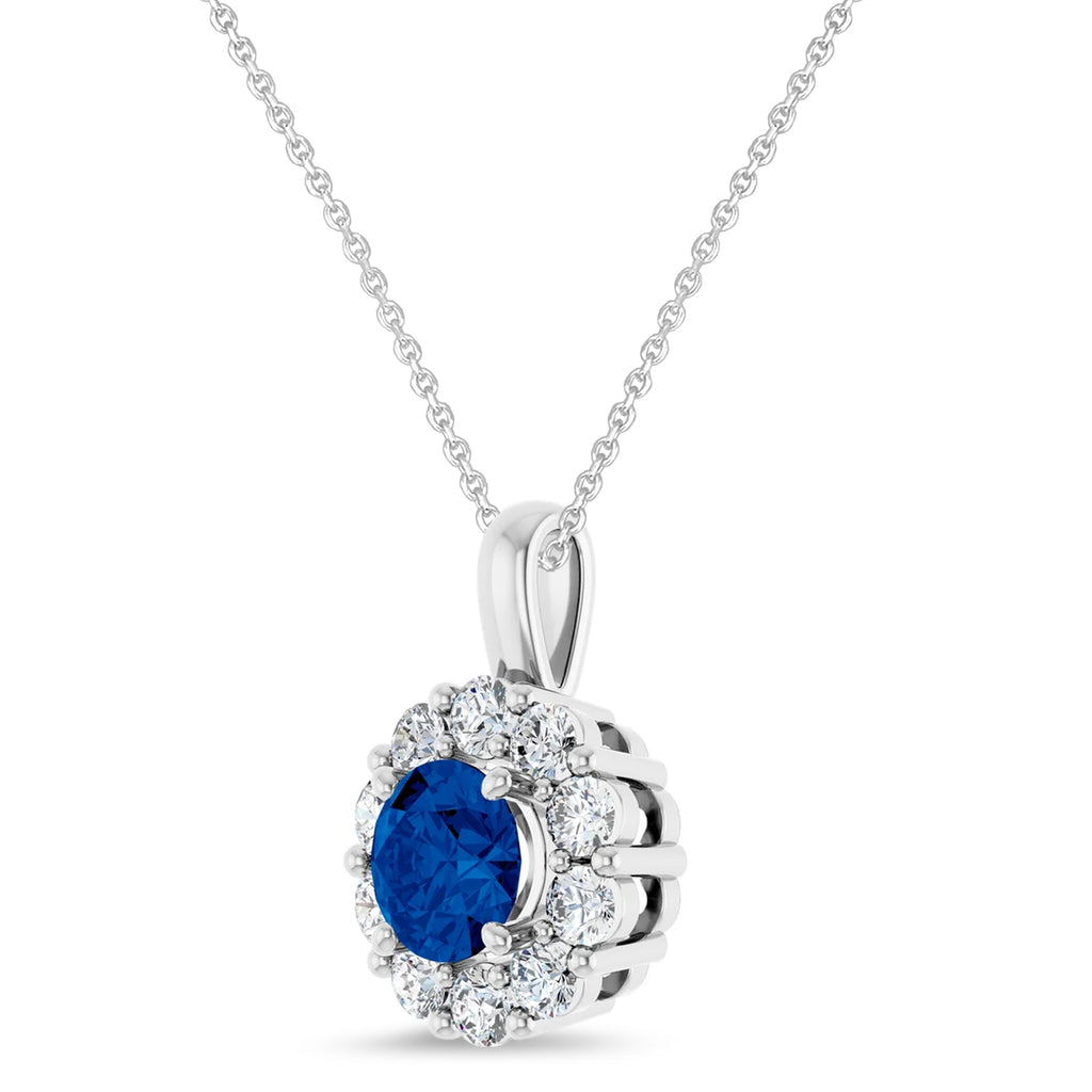 Round Blue Sapphire & Diamond Halo Pendant 14K White Gold (1.49ct)
