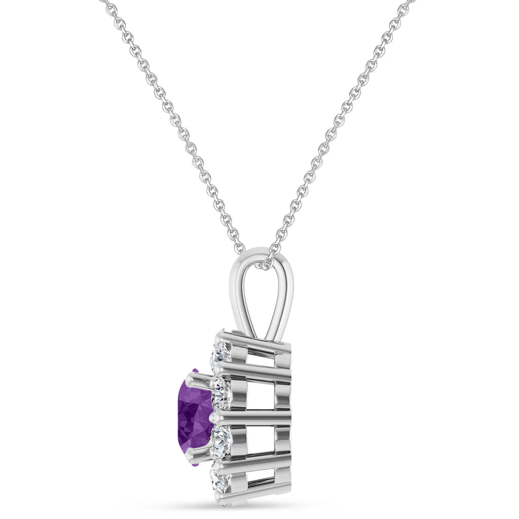 Round Lab Amethyst & Diamond Halo Pendant 14K White Gold (1.25ct)
