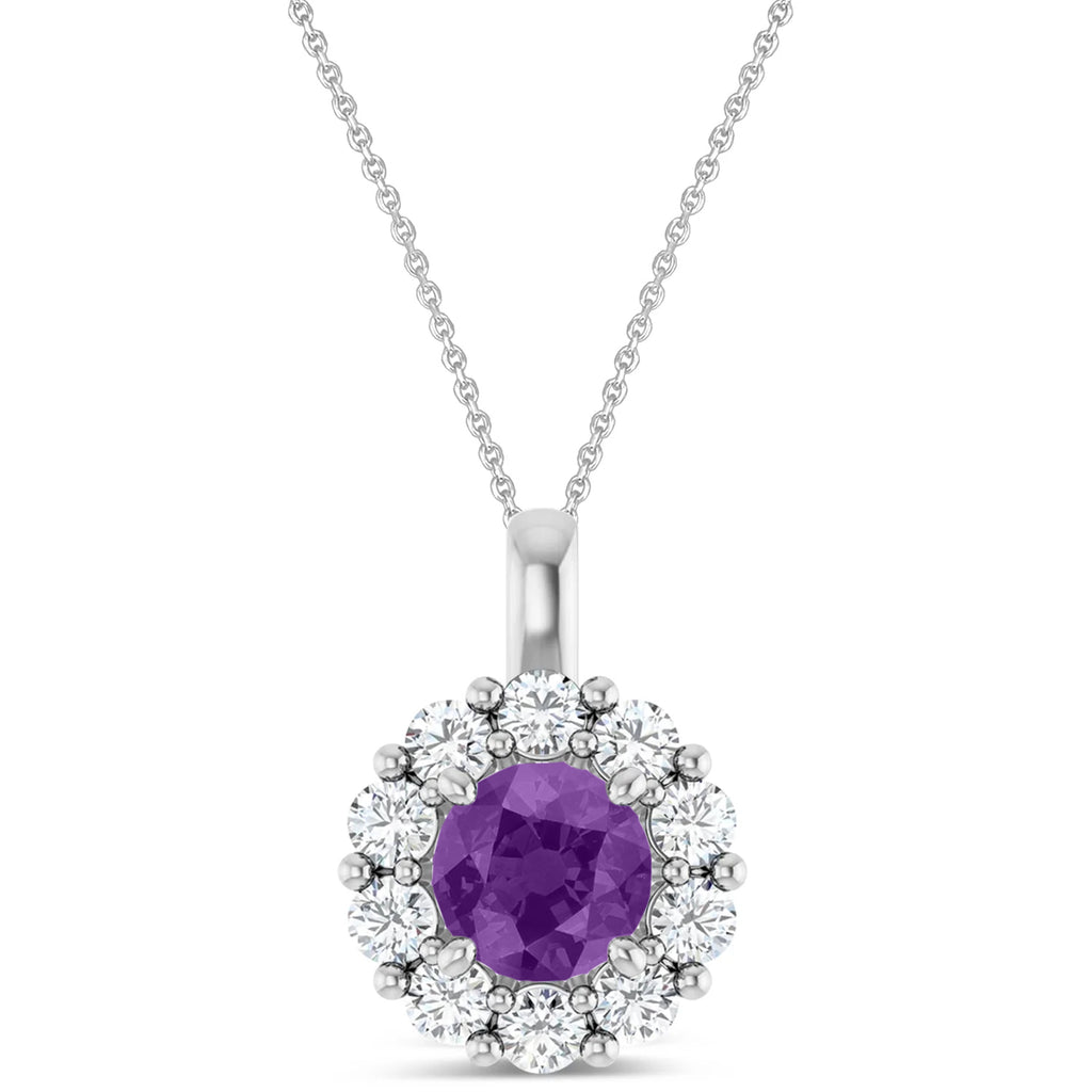Round Lab Amethyst & Diamond Halo Pendant 14K White Gold (1.25ct)