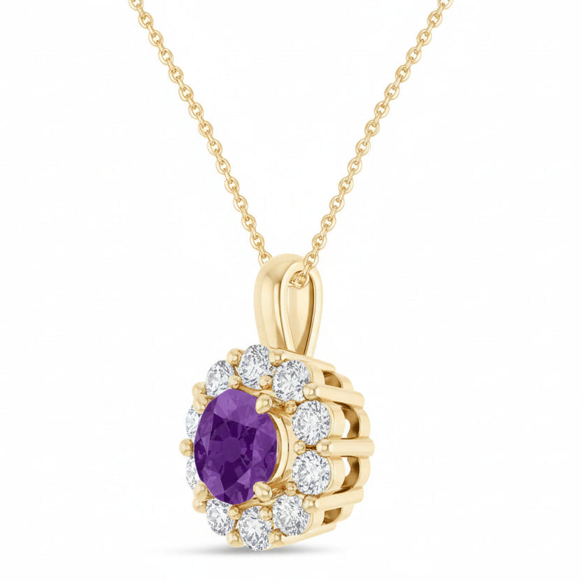 Round Lab Amethyst & Diamond Halo Pendant 14K Yellow Gold (1.25ct)