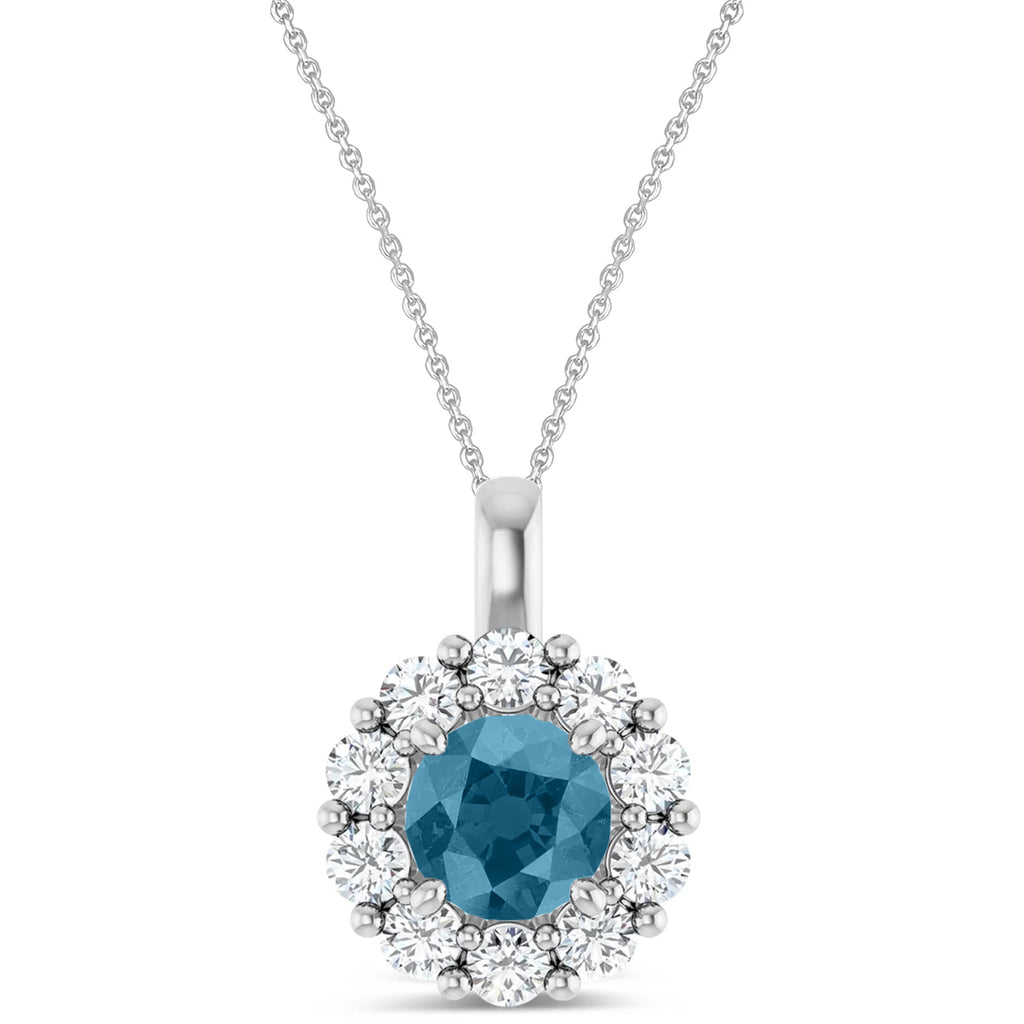 Round Lab Aquamarine & Diamond Halo Pendant 14K White Gold (1.25ct)