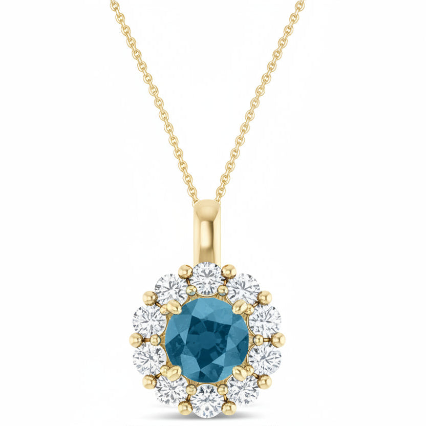 Round Lab Aquamarine & Diamond Halo Pendant 14K Yellow Gold (1.25ct)