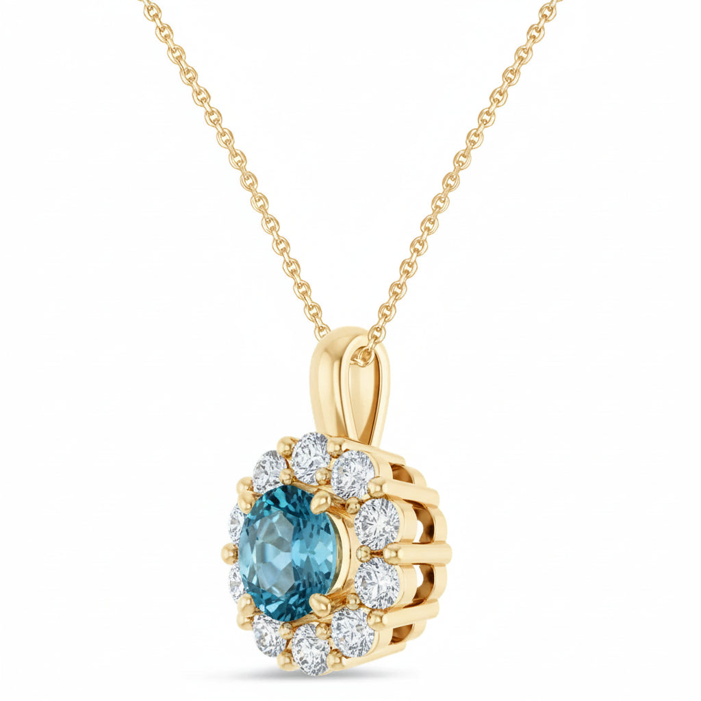 Round Lab Aquamarine & Diamond Halo Pendant 14K Yellow Gold (1.25ct)