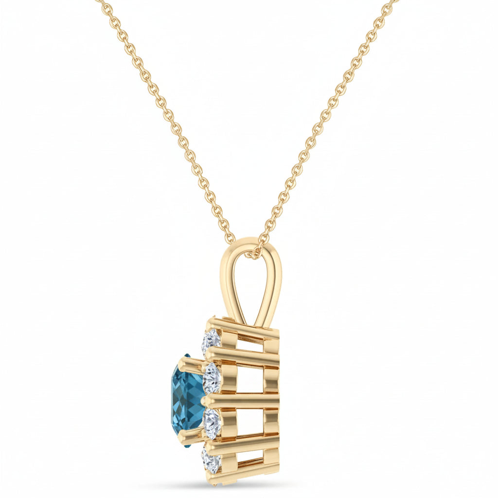 Round Lab Aquamarine & Diamond Halo Pendant 14K Yellow Gold (1.25ct)