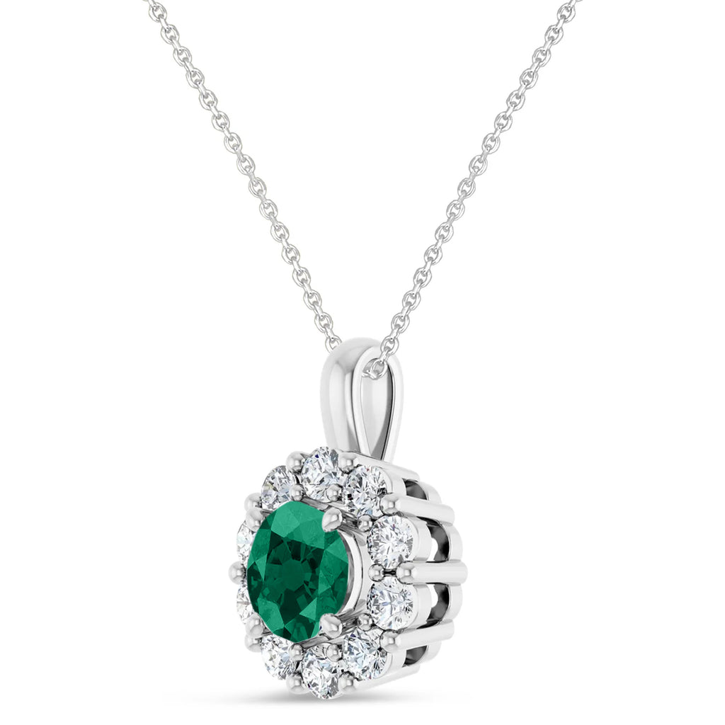 Round Lab Emerald & Diamond Halo Pendant 14K White Gold (1.28ct)