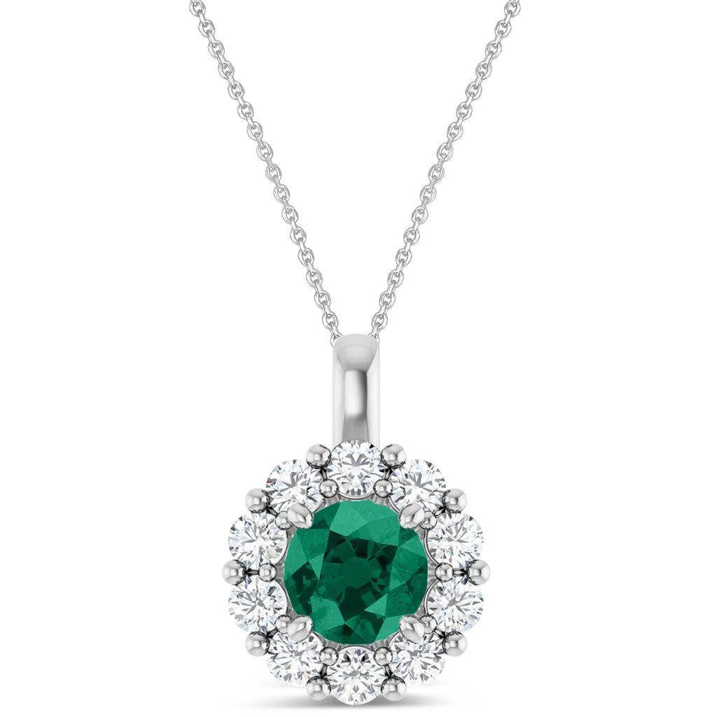 Round Lab Emerald & Diamond Halo Pendant 14K White Gold (1.28ct)