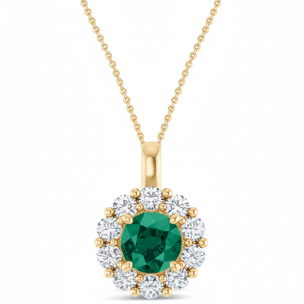 Round Lab Emerald & Diamond Halo Pendant 14K Yellow Gold (1.28ct)