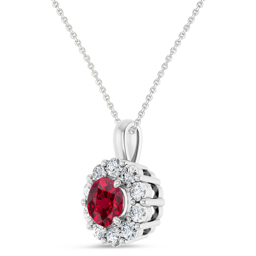 Round Lab Ruby & Diamond Halo Pendant 14K White Gold (1.70ct)