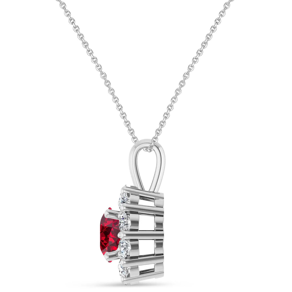 Round Lab Ruby & Diamond Halo Pendant 14K White Gold (1.70ct)
