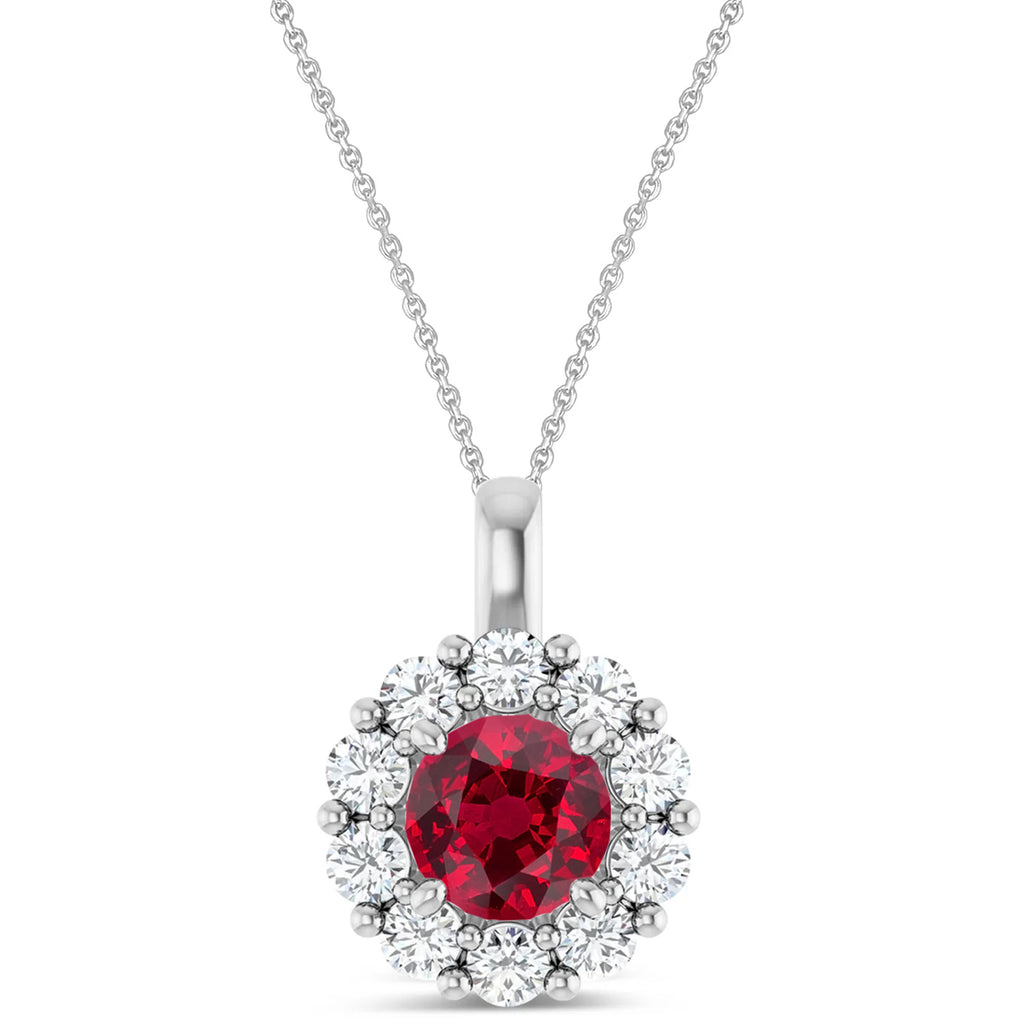 Round Lab Ruby & Diamond Halo Pendant 14K White Gold (1.70ct)