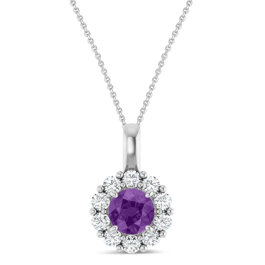 Round Lab Amethyst & Diamond Halo Pendant 14K White Gold (0.73ct)