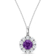 Round Lab Amethyst & Diamond Halo Pendant 14K White Gold (0.73ct)