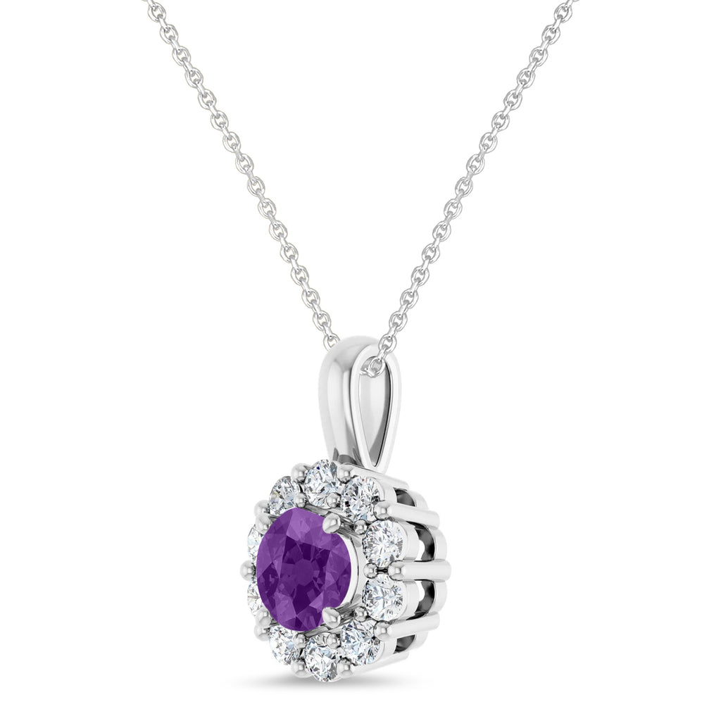 Round Lab Amethyst & Diamond Halo Pendant 14K White Gold (0.73ct)