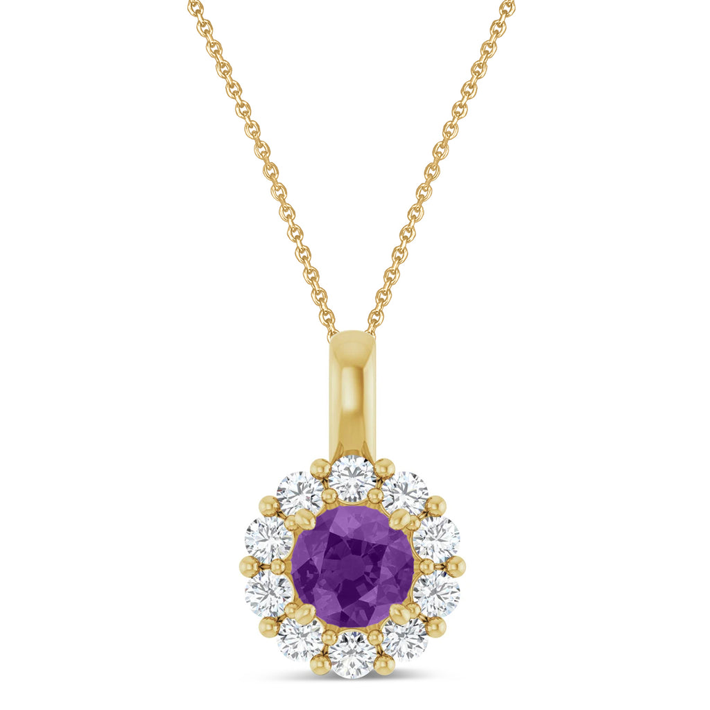 Round Lab Amethyst & Diamond Halo Pendant 14K Yellow Gold (0.73ct)