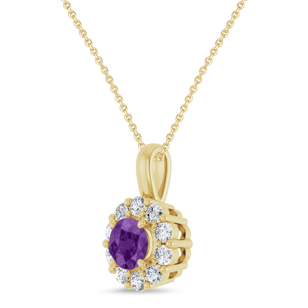 Round Lab Amethyst & Diamond Halo Pendant 14K Yellow Gold (0.73ct)