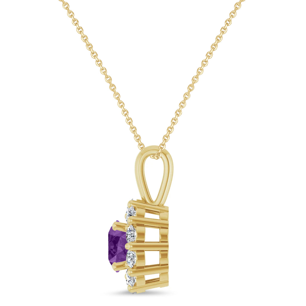 Round Lab Amethyst & Diamond Halo Pendant 14K Yellow Gold (0.73ct)